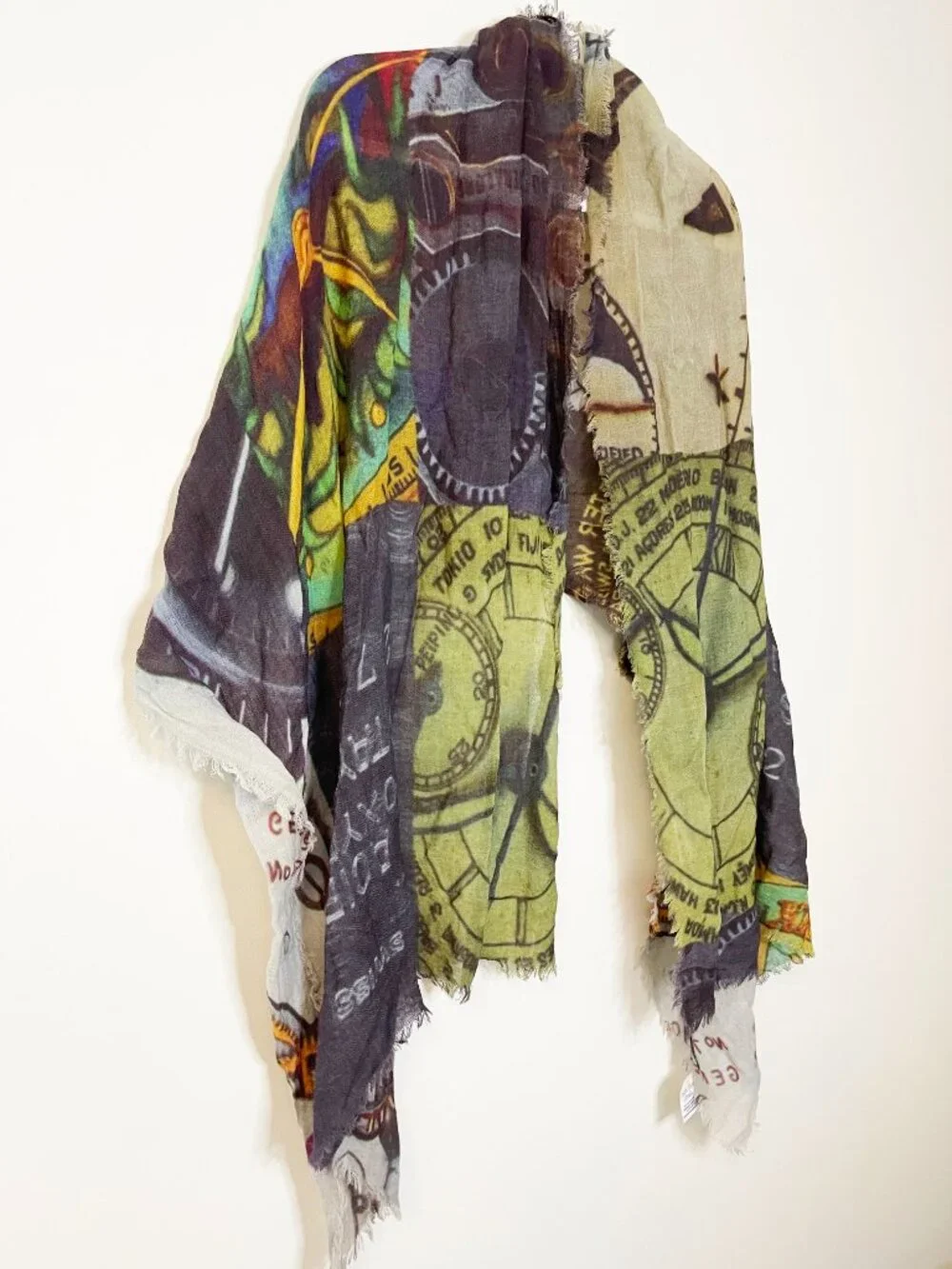 Wearable Art Wool Blend Clock Scarf Watch Print Fringe Wrap Shawl NWT GIft